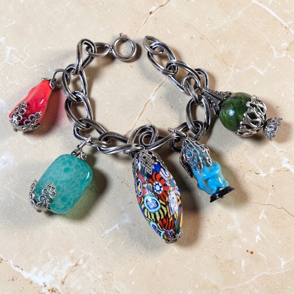 Millifiori Murano Glass Bakelite Bracelet Chinese Lantern Dangle Charm Vintage